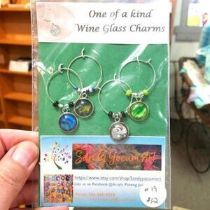 Handmade Wine Glass Charms Painting and Glass Flow Art One of A Kind Set of 4‎